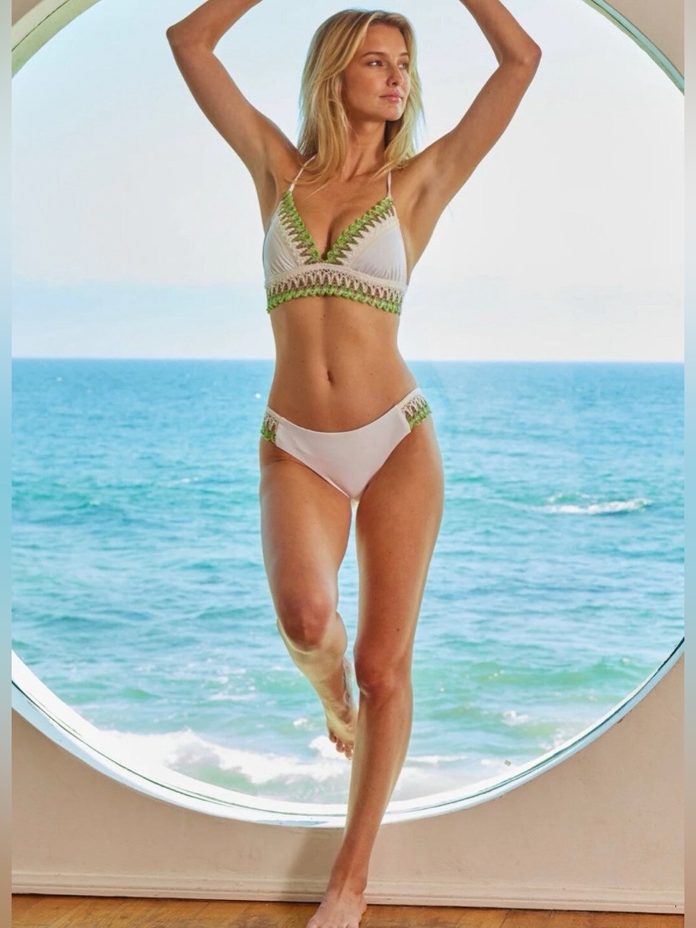 BECCA White Bikini Set with Green and Gold Trim